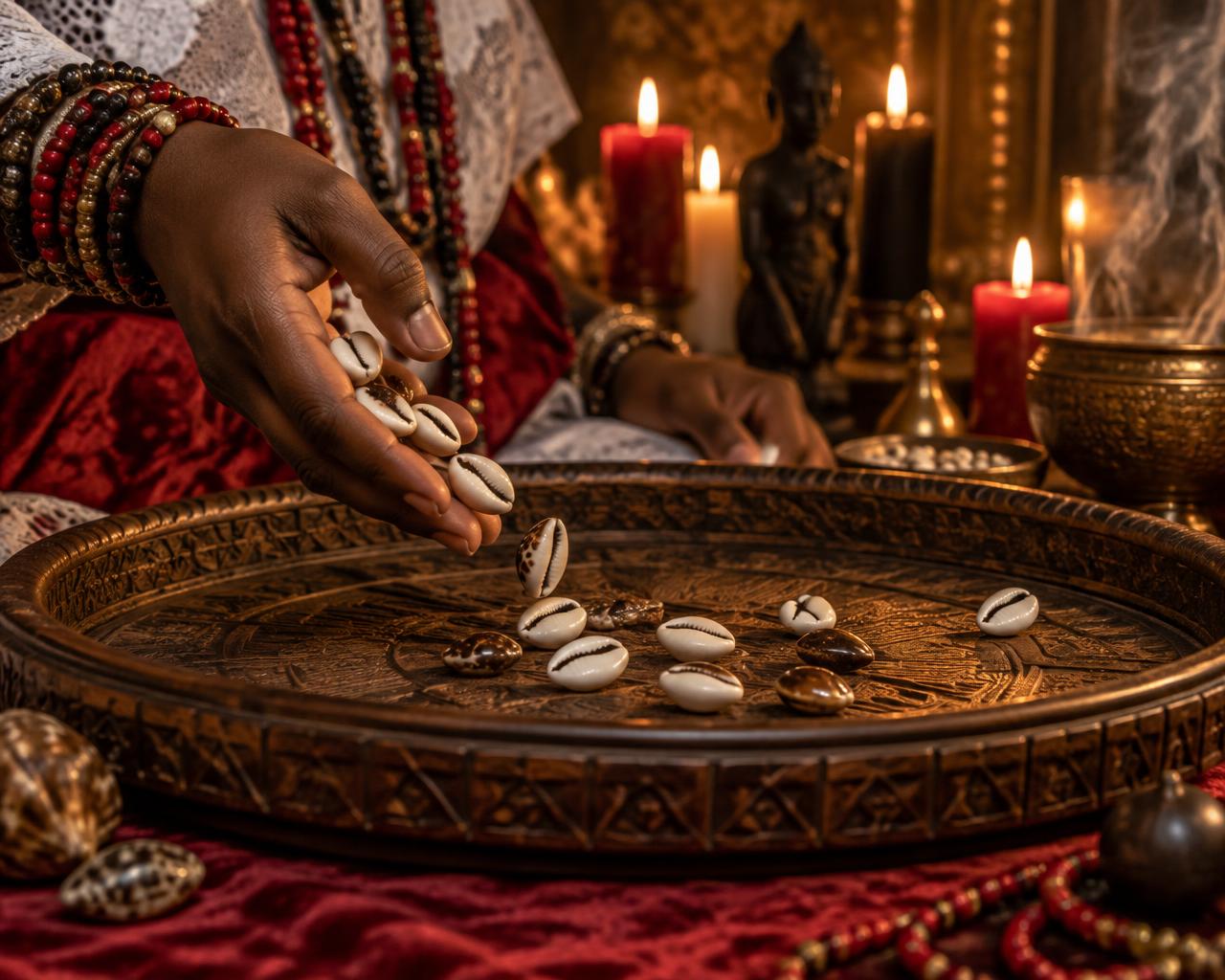 Mãos lançando búzios sobre bandeja de madeira ornamentada, à luz de velas