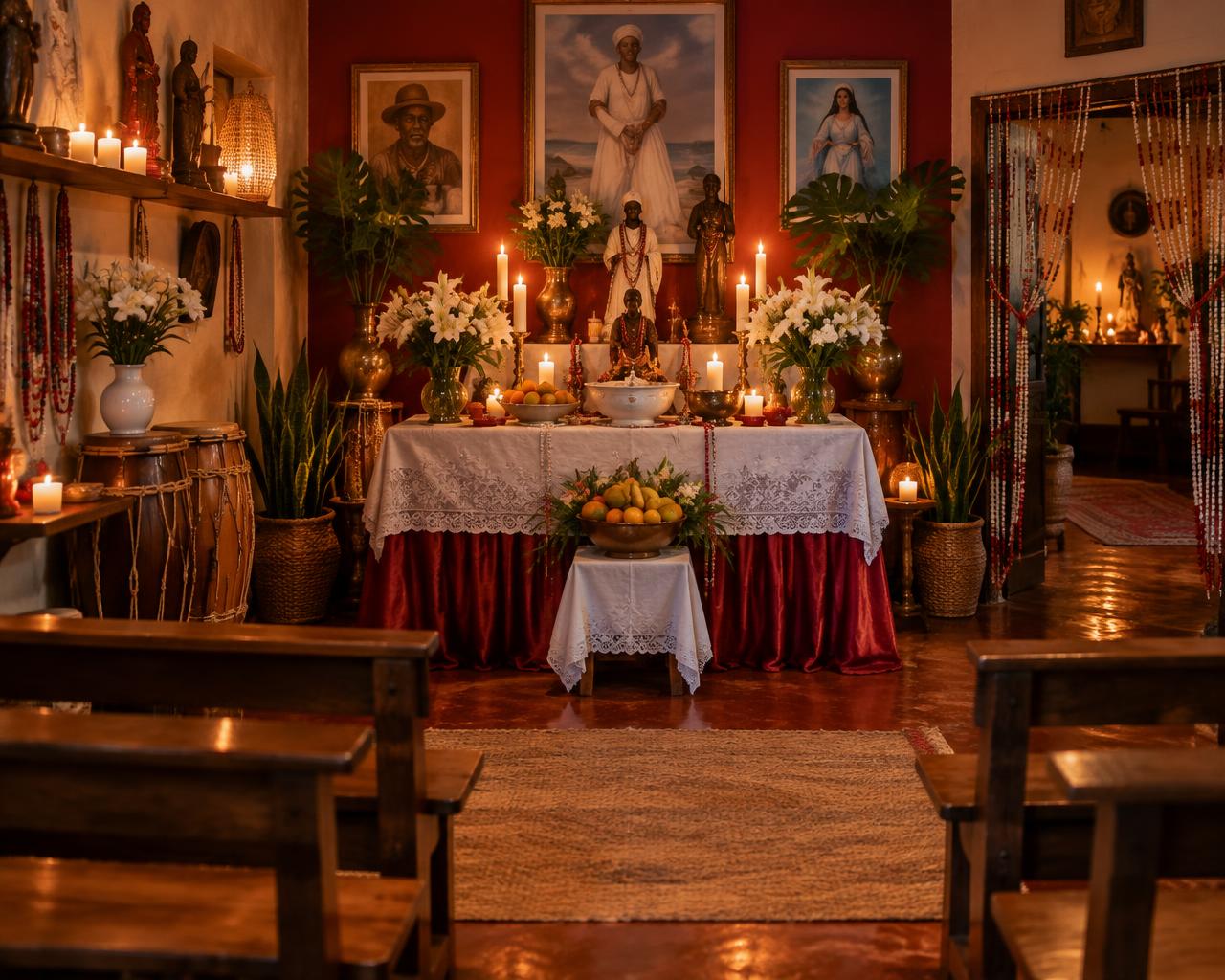 Salão do centro espírita com altar decorado, velas, flores e imagens sagradas